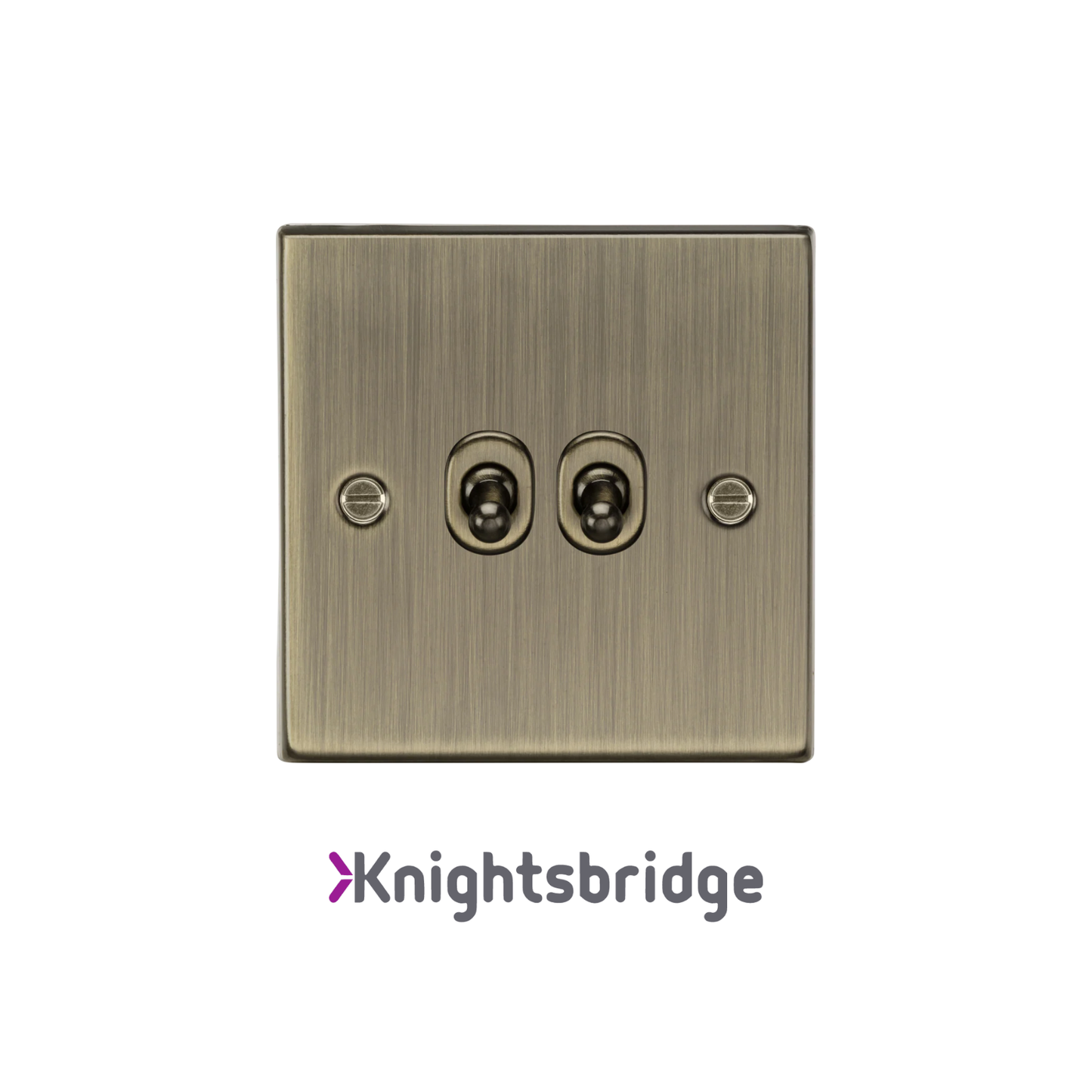 Brass-colored electrical switch with two sockets on a white background, branded 'Knightsbridge'.