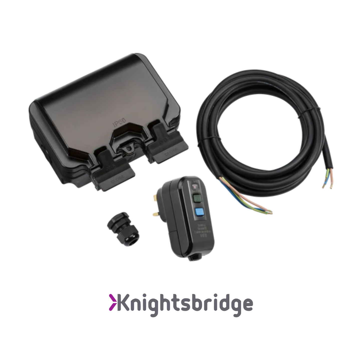 Automotive parts including a black cover, switch, and cable on a white background with 'Knightsbridge' branding.