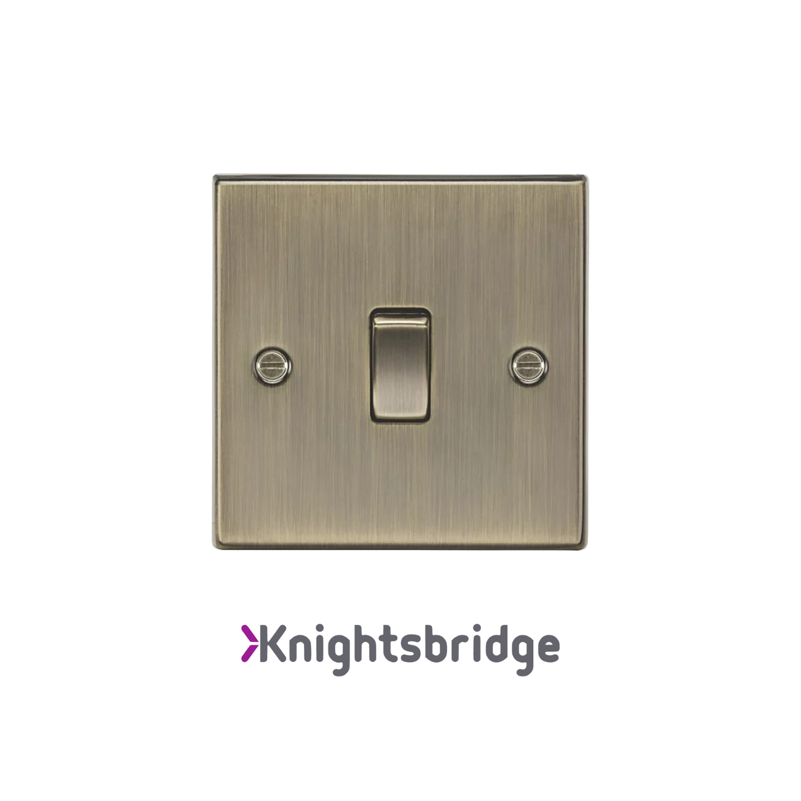Brass light switch with 'Knightsbridge' branding on a white background
