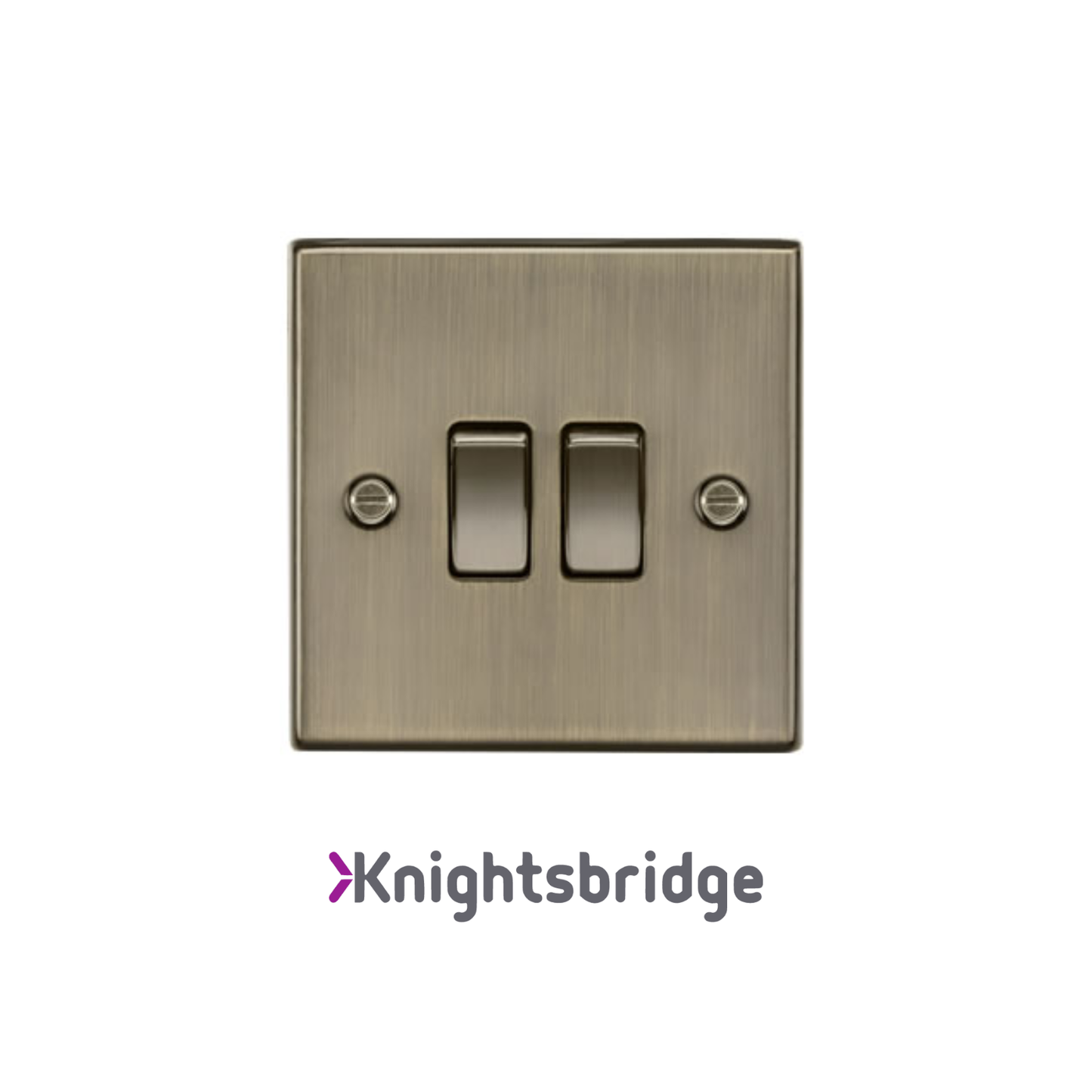 Brass light switch with 'Knightsbridge' branding on a white background