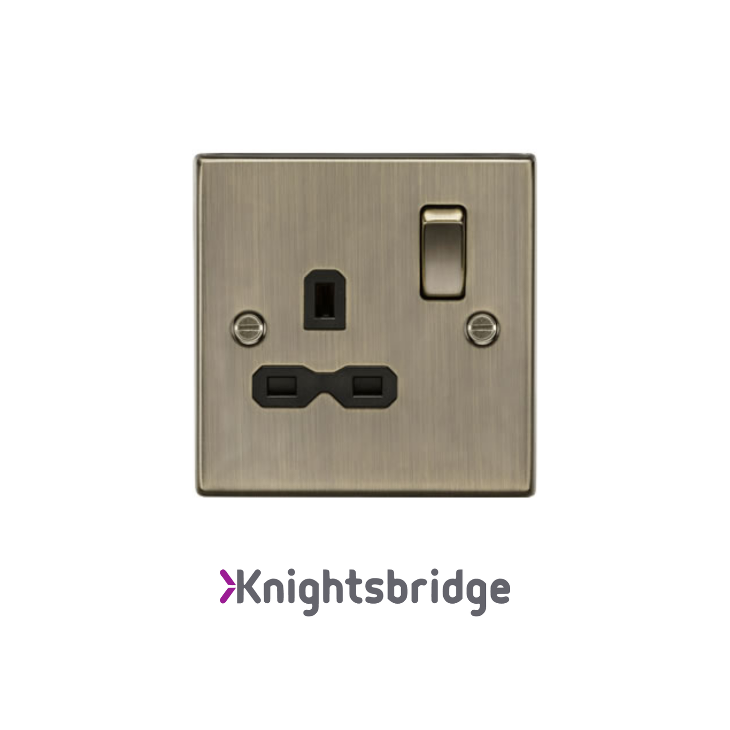 Brass electrical socket with switch on a white background, featuring the Knightsbridge brand.