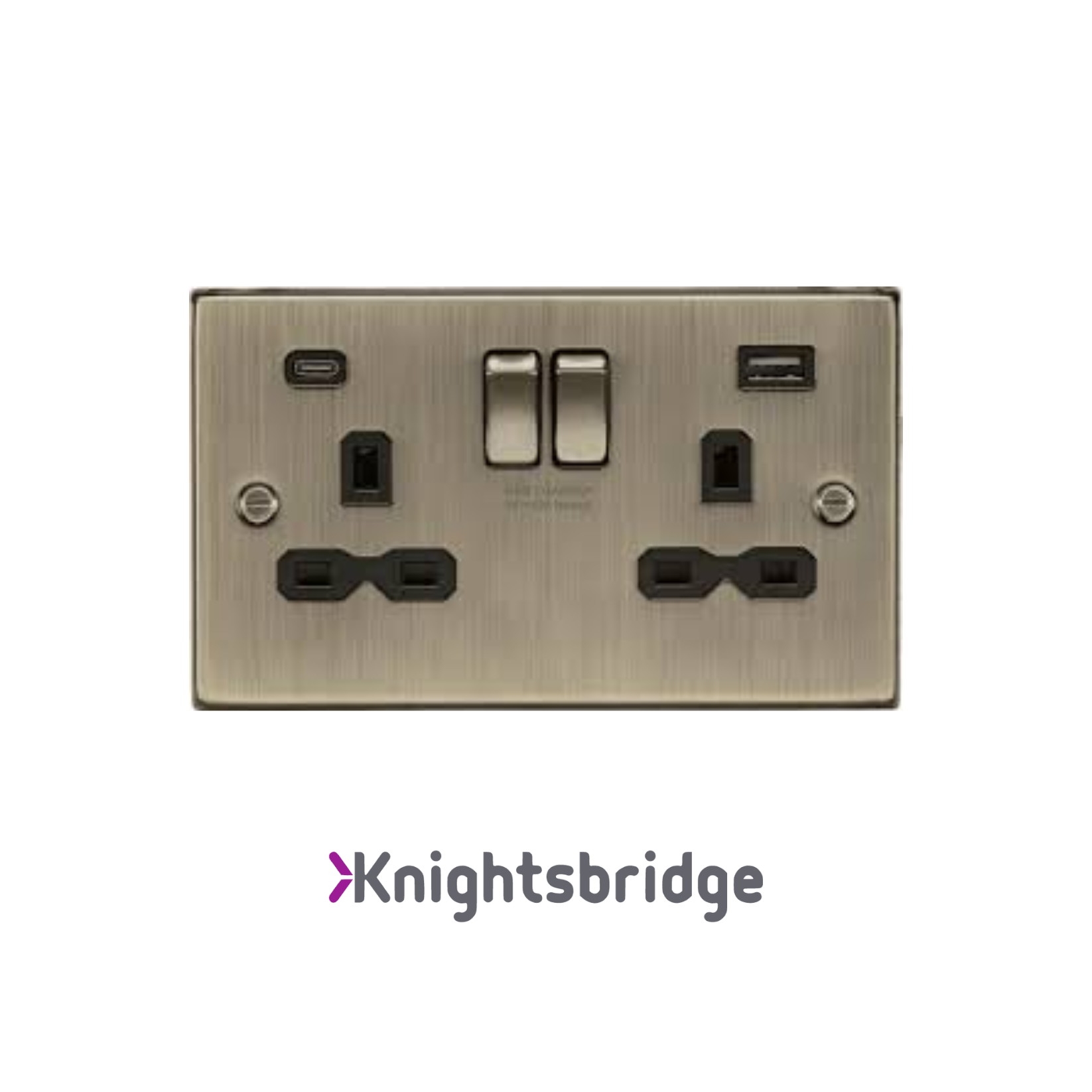 Brass electrical socket with USB ports and switches on a white background, featuring the Knightsbridge brand.