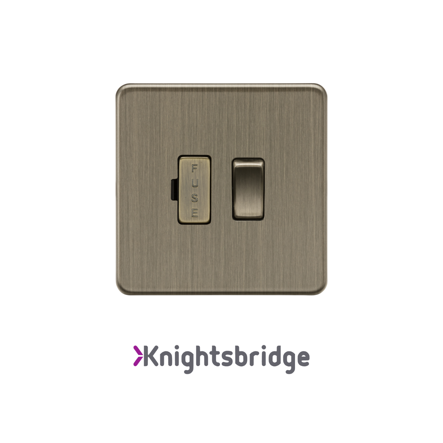 Brass light switch with fuse indicator on a white background, branded 'Knightsbridge'.
