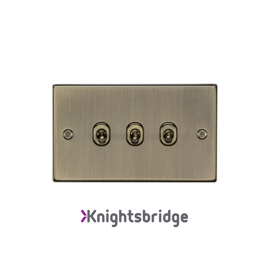 Brass-colored electrical switch plate with four sockets on a white background, featuring the Knightsbridge brand.