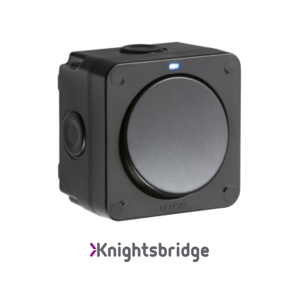 Black electronic device with a circular component on a white background, branded 'Knightsbridge'.