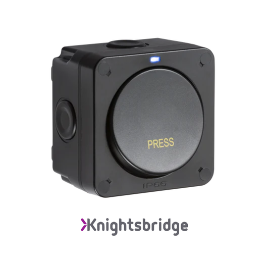 Black electronic device with 'PRESS' button on a white background, branded with Knightsbridge.