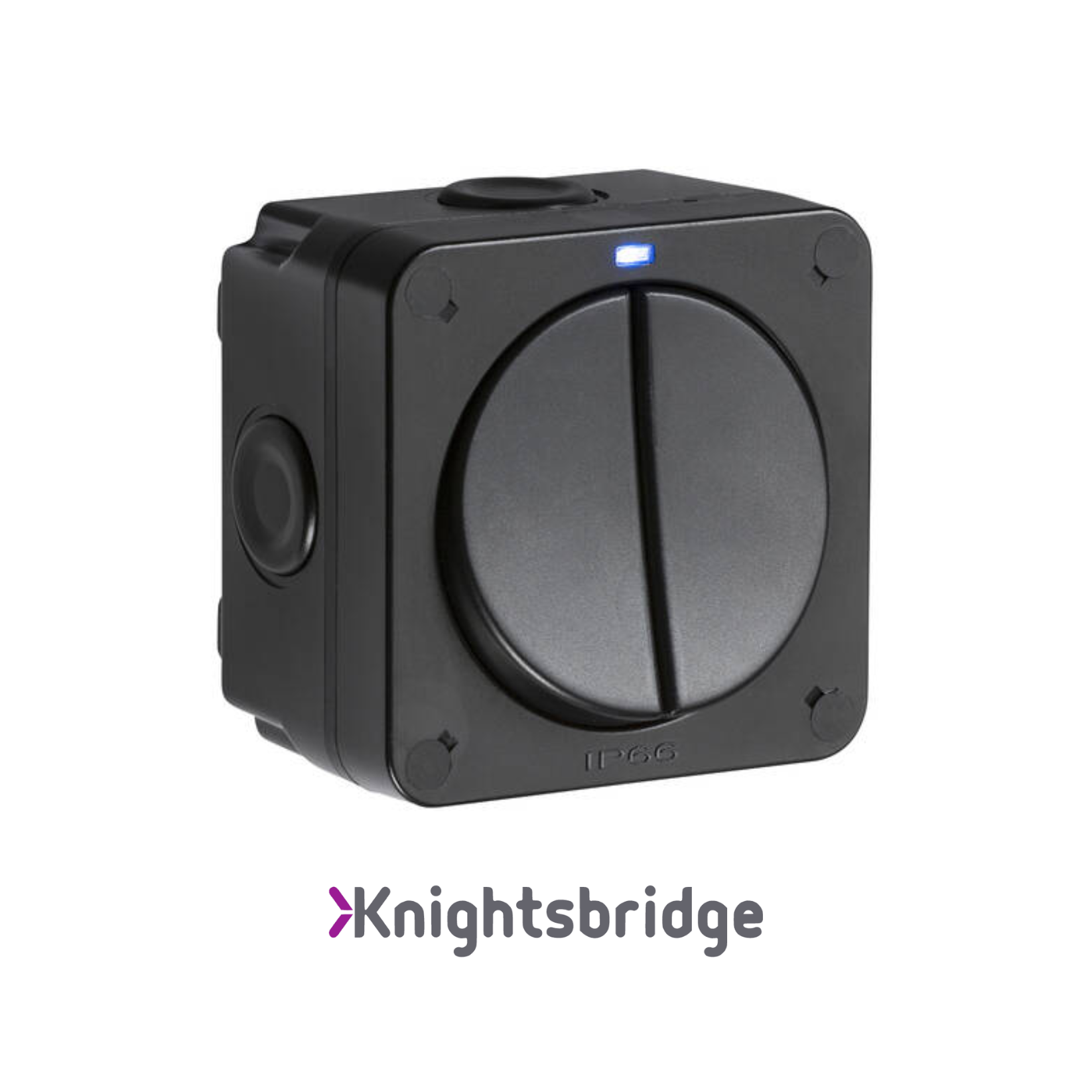 Black electronic device with a brand logo on a white background