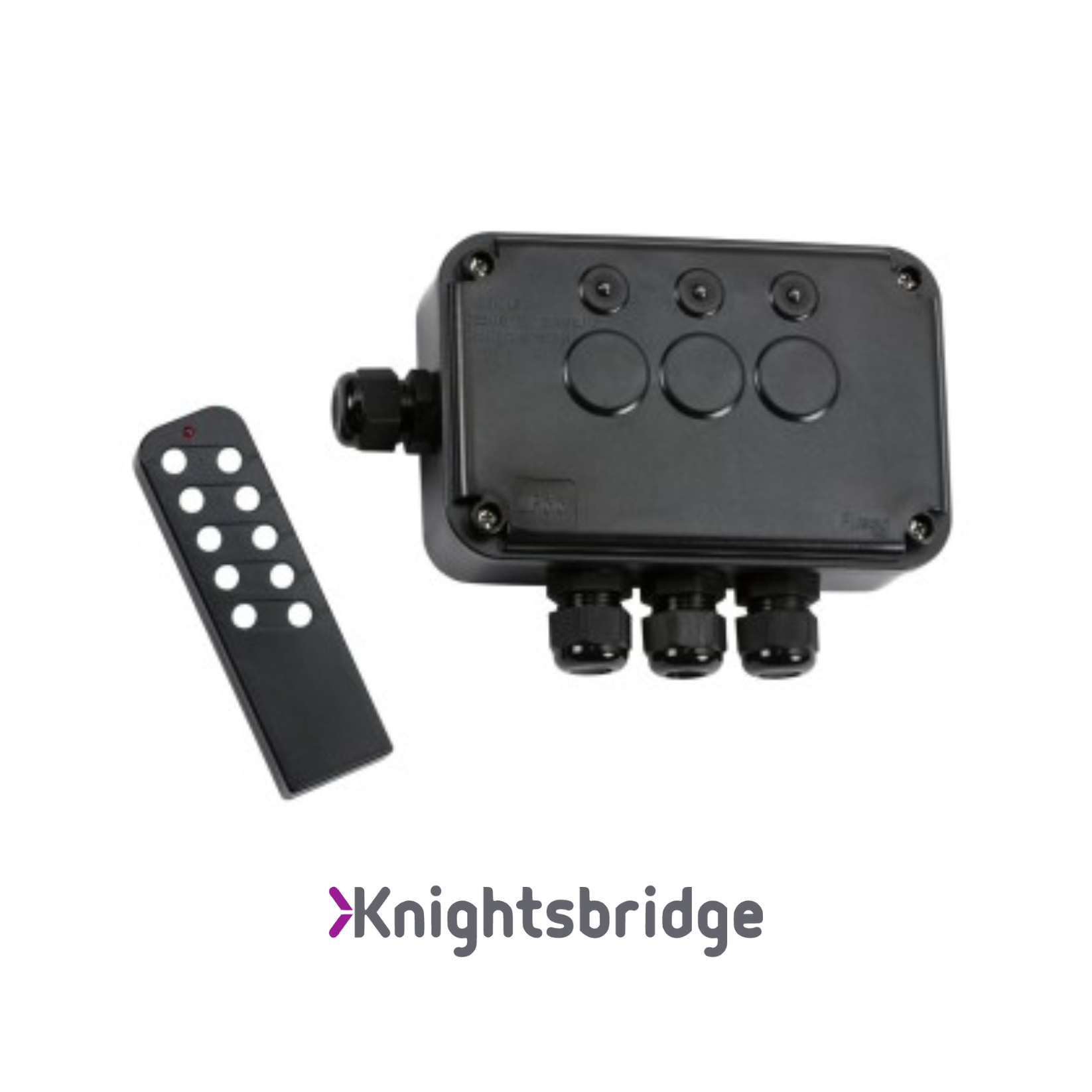 Black electronic box with buttons and a remote control on a white background, featuring the Knightsbridge brand.