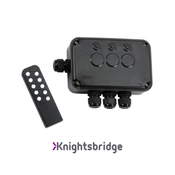 Black electronic box with buttons and a remote control on a white background, featuring the Knightsbridge brand.