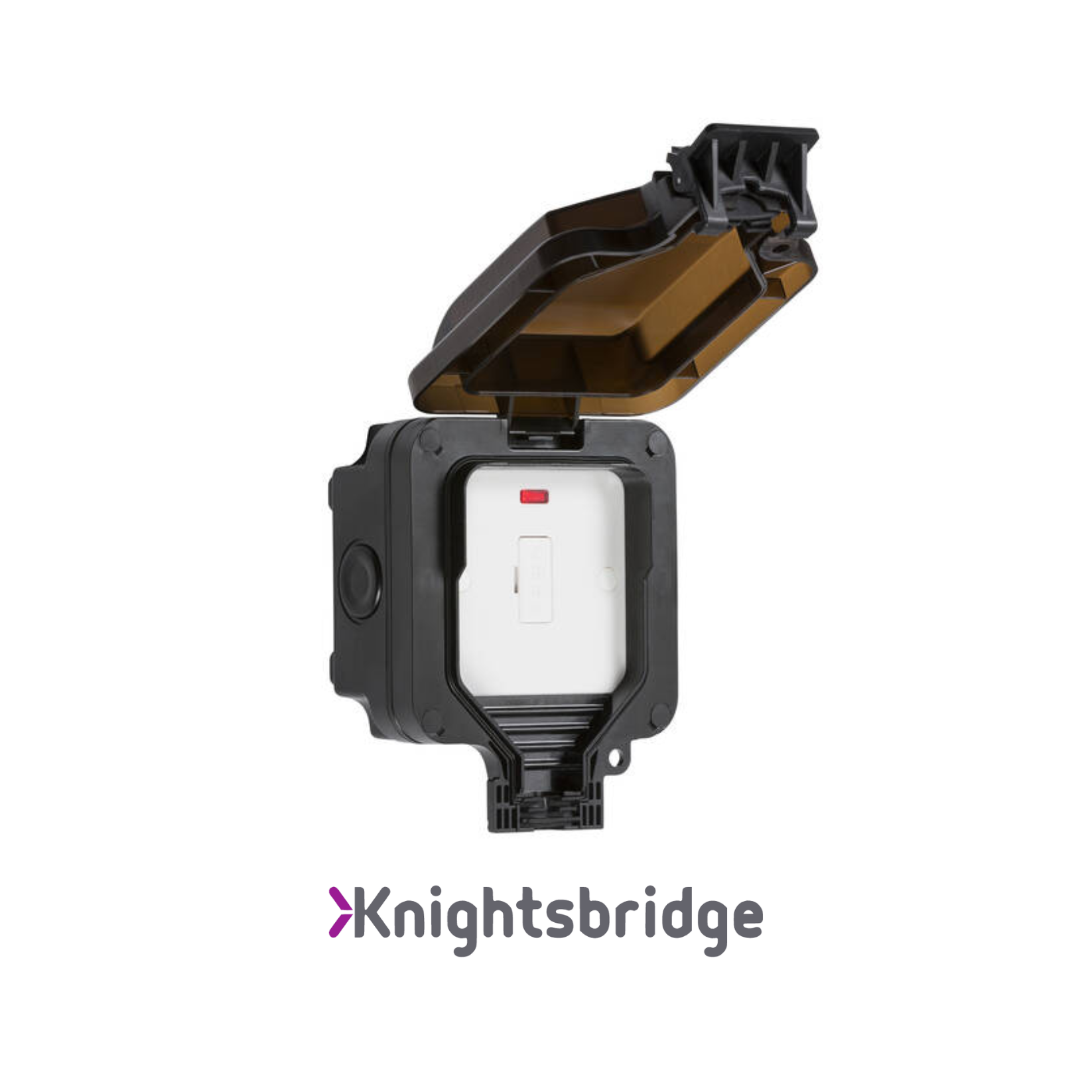 Electrical switch with open cover on a white background, featuring the Knightsbridge brand.